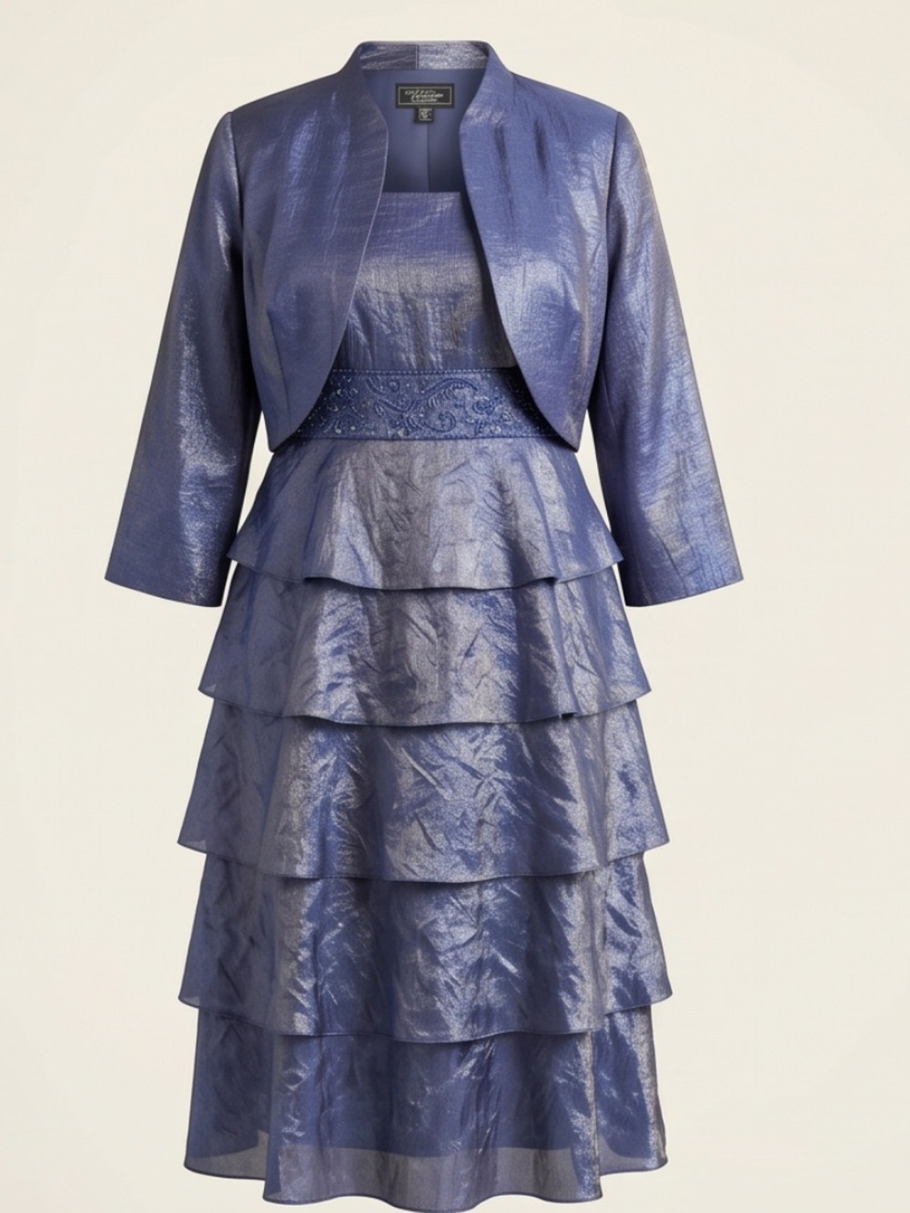 Metallic Lavender Tiered Midi Dress with Cropped Jacket